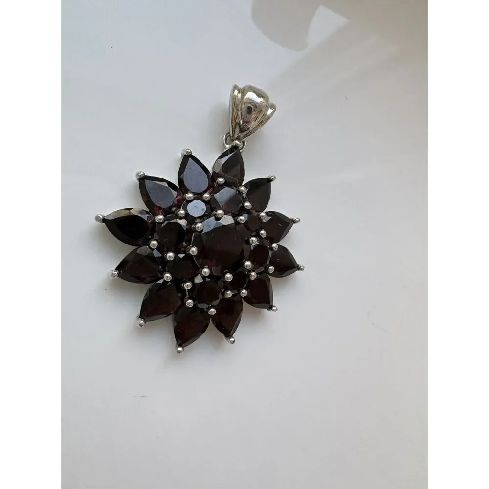 Estate Large Sterling Silver Garnet Pear & Round Cut Sunburst Pendant 14.24cttw